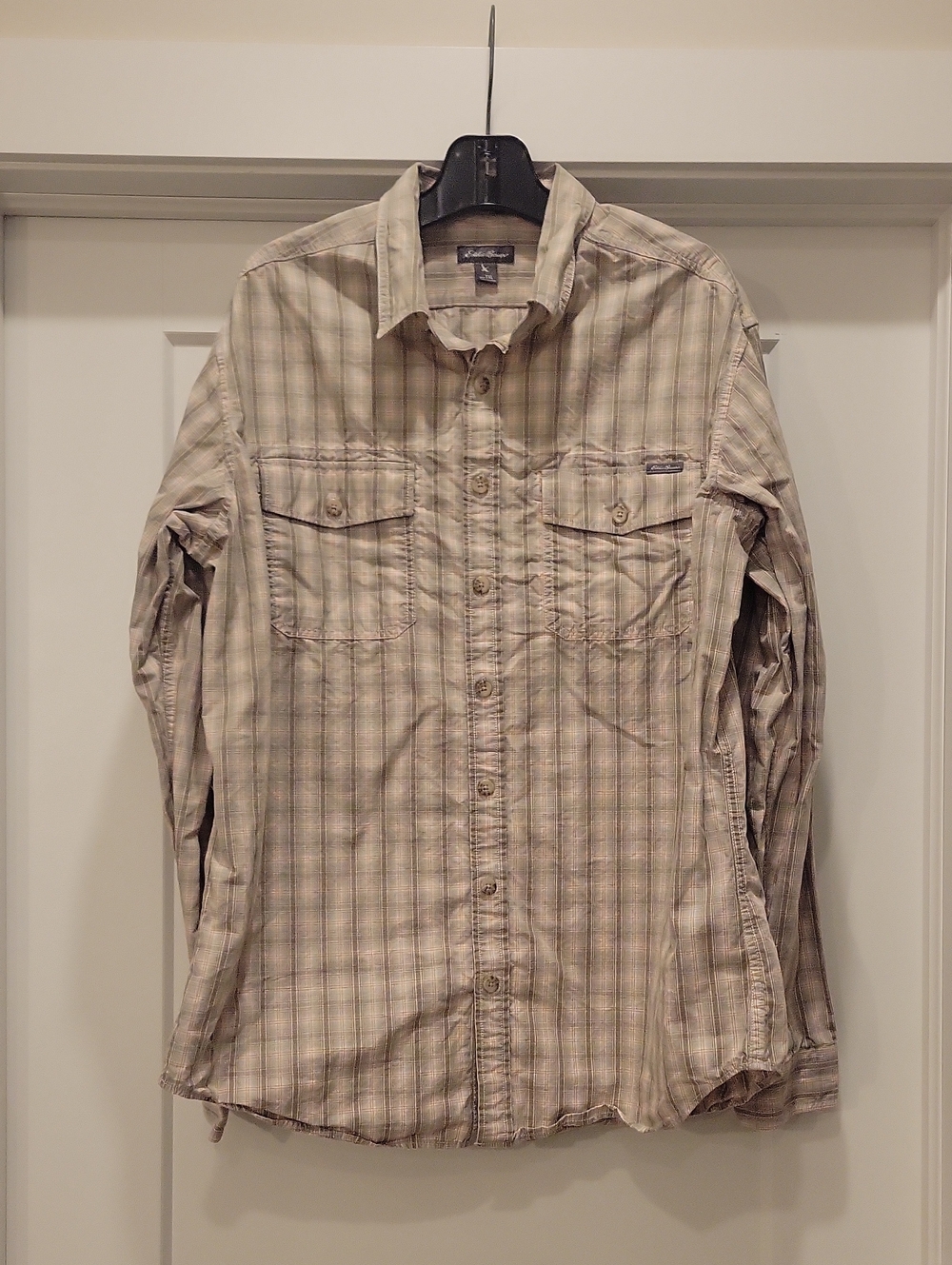 Eddie Bauer Men's Beige Plaid Long-Sleeve Shirt. XL Tall
